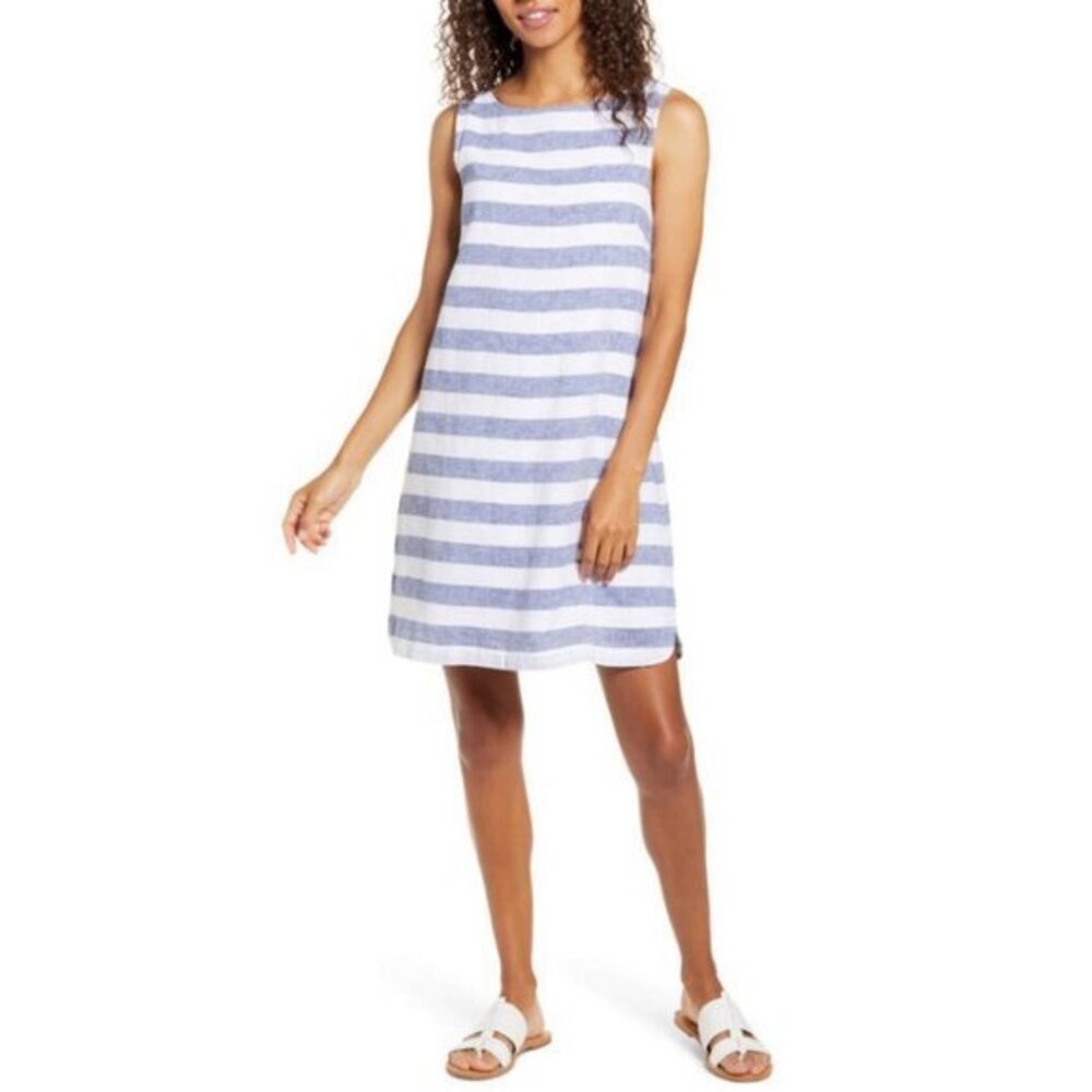 BEACHLUNCHLOUNGE Size M Womens Alina Stripe Linen Cotton Shift Dress Blue White